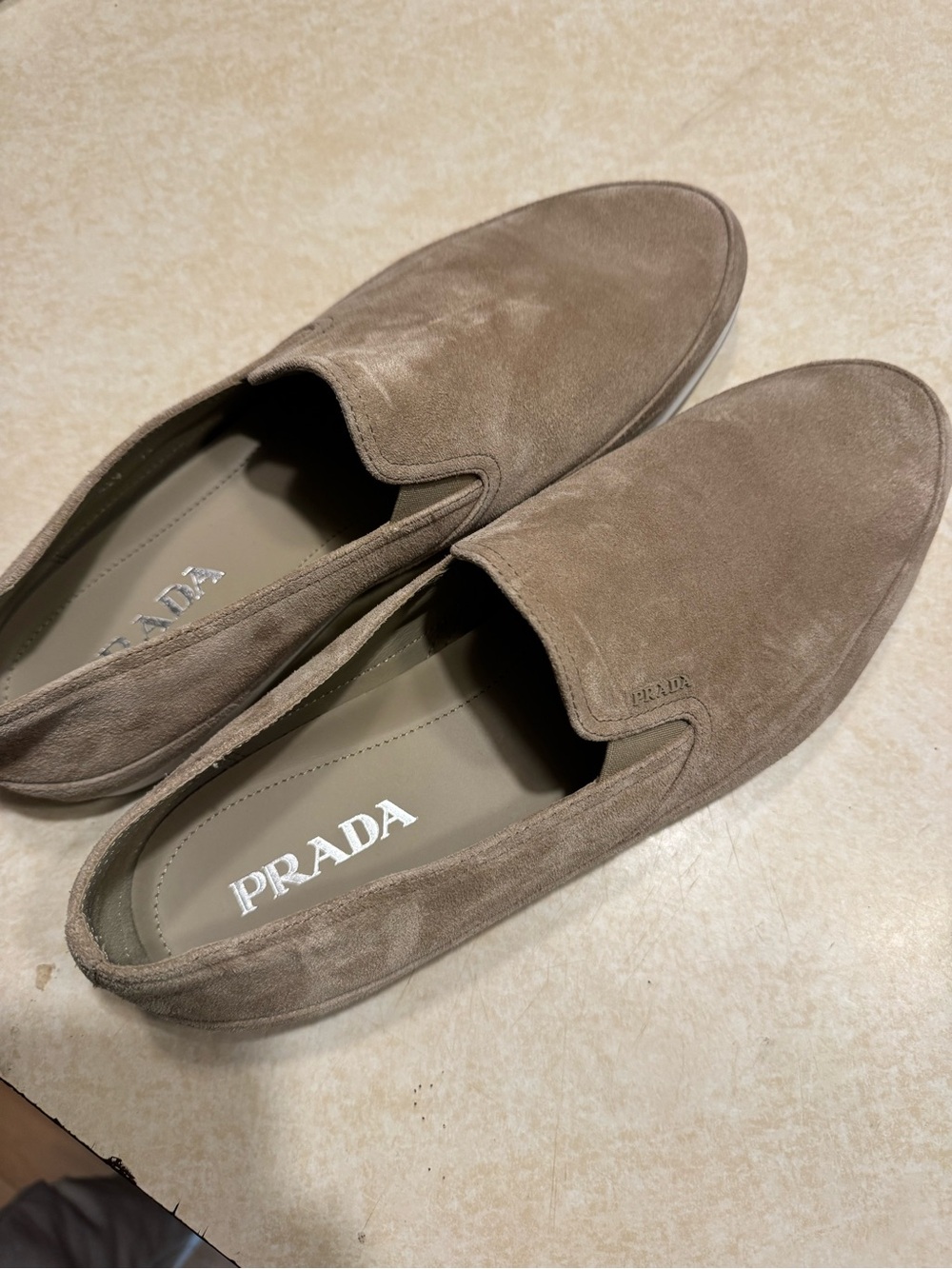 Prada Men's Taupe Suede Slip-Ons with Subtle Logo - Picture 1 of 4